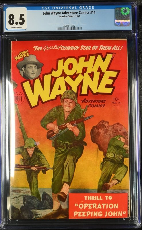 John Wayne Adventure #14 (1952), CGC 8.5 graded comic book, Universal Blue label — front cover in its holder
