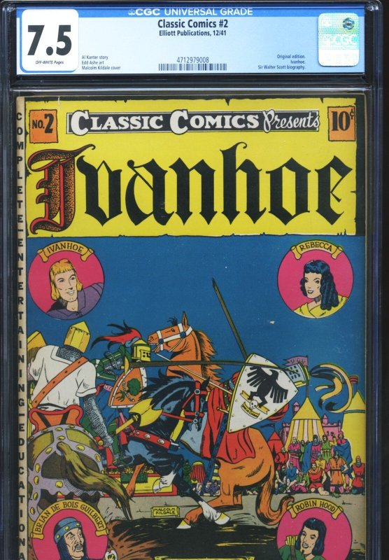 Classic Comics #2, CGC 7.5 graded comic book, Universal Blue label — front cover in its holder