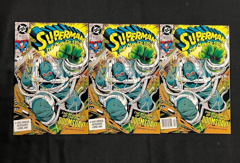 Superman #18 - 1st Full Dooms Day - 3 Copies - 3pc Lot (9/9.2) 1992 (DC Comics, 1992), raw comic book in 9.2 condition — front cover