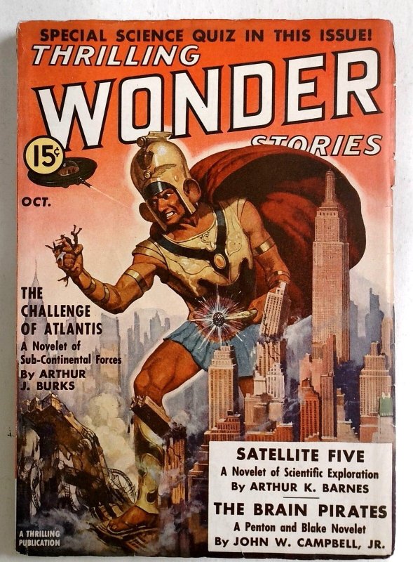 Thrilling Wonder Stories Oct 1938 - Giant Spaceman Destroys New York City - Pu (1938), raw, ungraded comic book — front cover