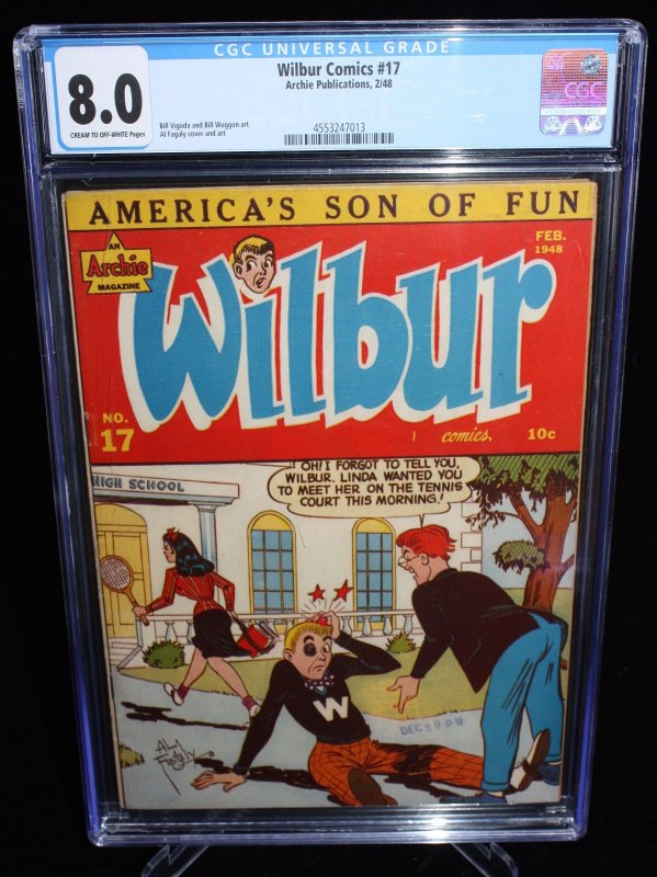 Wilbur Comics #17 (1948), CGC 8.0 graded comic book, Universal Blue label — front cover in its holder