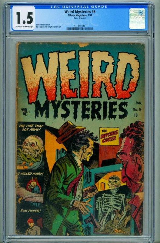 Weird Mysteries #8 (1953), CGC 1.5 graded comic book, Universal Blue label — front cover in its holder