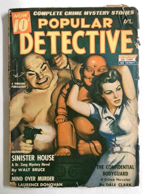 Popular Detective-Oct 1942-Headlight Girl Bound to Red Buddha with Oriental Gunm (1942), raw, ungraded comic book — front cover