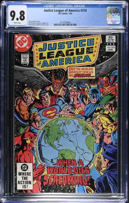 Justice League of America #210 (DC Comics, 1983), CGC 9.8 graded comic book, Universal Blue label — front cover in its holder