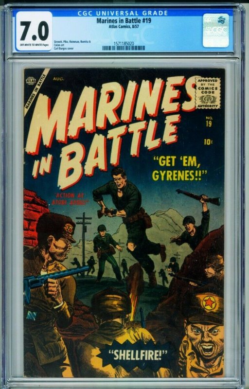 Marines in Battle #19 (1957), CGC 7.0 graded comic book, Universal Blue label — front cover in its holder
