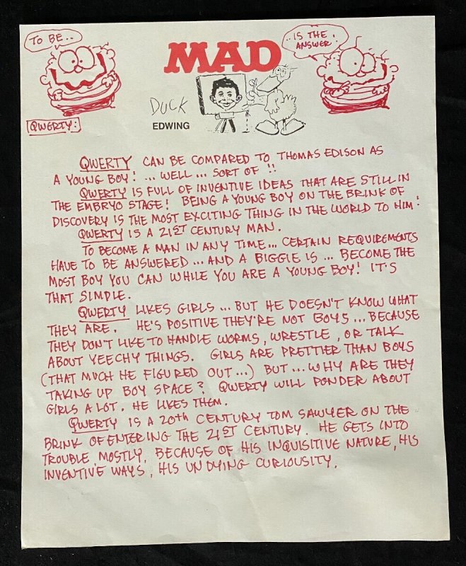 2 Pages Duck Edwing Original Text and Sketches MAD Magazine, raw, ungraded comic book — front cover