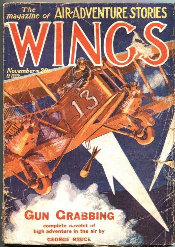Wtngs-Nov 1928-Fiction House Pulp-Air Adventures-Biplane Bombing Cover (Fiction House), raw, ungraded comic book — front cover