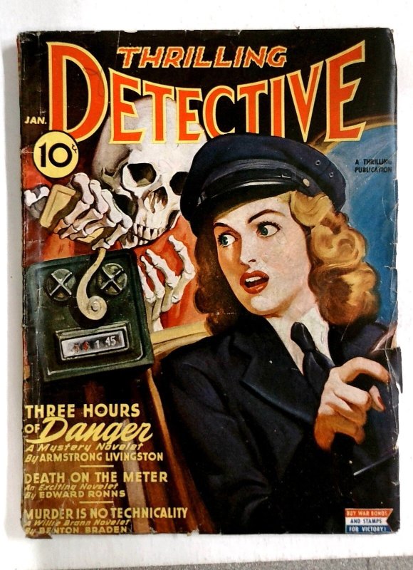 Thrilling Detective Jan 1945- Pretty Female Cab Driver Terrified by Skeleton pa (1945), raw, ungraded comic book — front cover