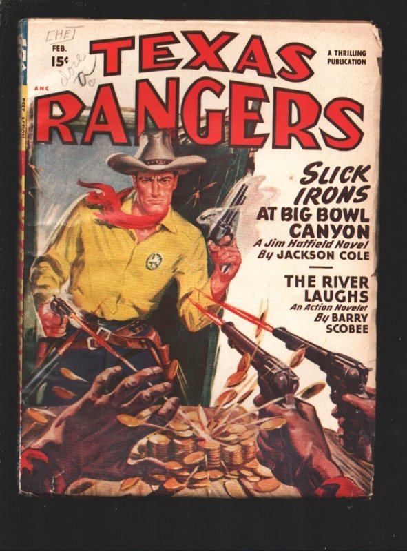 Texas Rangers 2/1949-Features Jim Hatfield, Texas Ranger in "Slick Irons at Big, raw, ungraded comic book — front cover
