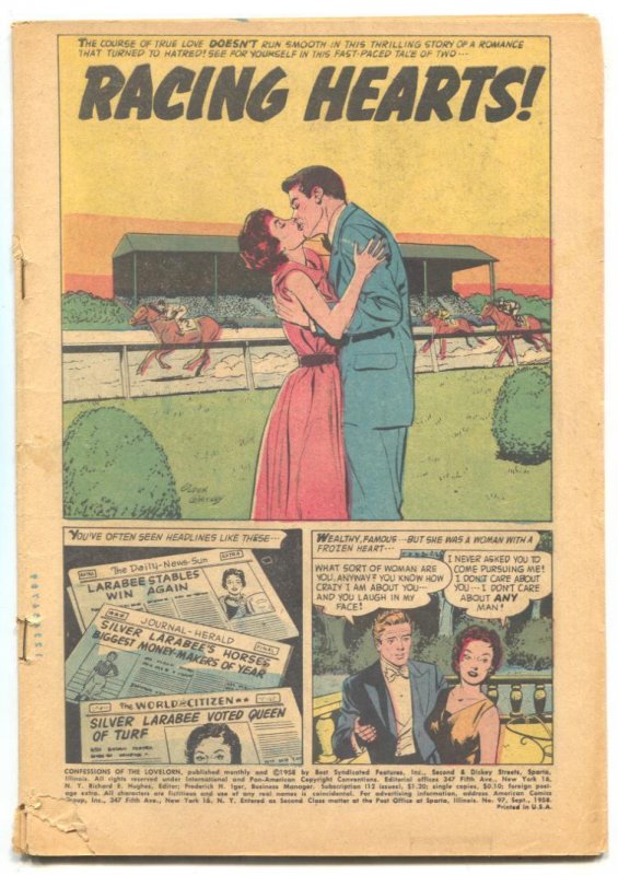 Confessions of the Lovelorn #97 (1958), raw, ungraded comic book — front cover