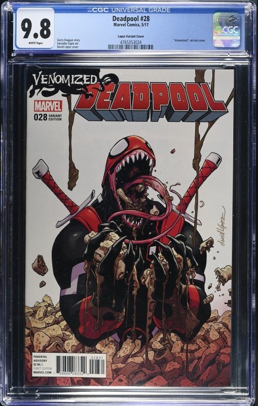 Deadpool #28 (Marvel Comics, 2017), CGC 9.8 graded comic book, Universal Blue label — front cover in its holder
