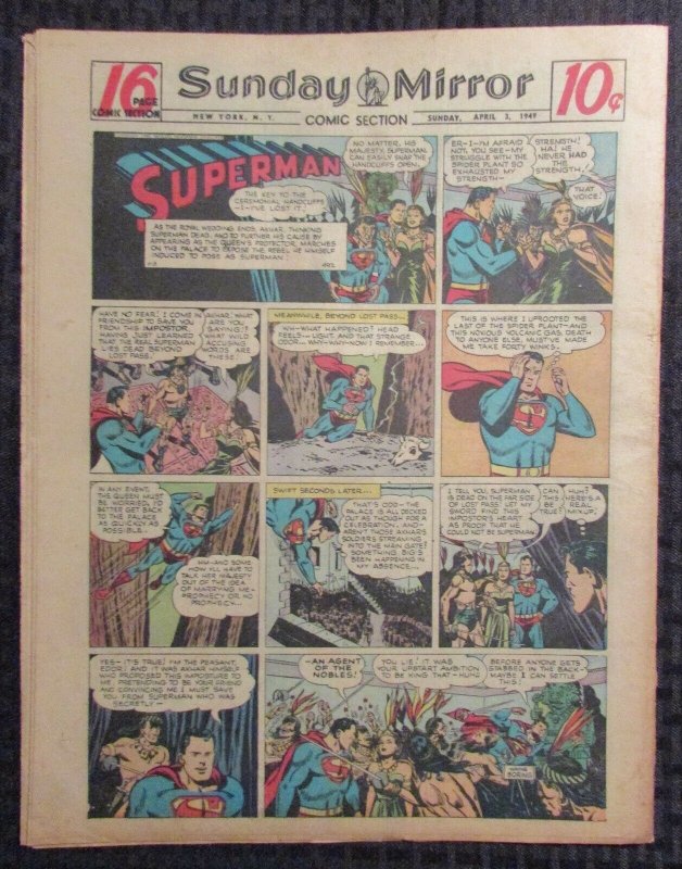 1949 April 3 Sunday Mirror Comic Section VG+ 4.5 Superman / Joe Palooka 16pgs (1949), raw comic book in VG+ 4.5 condition — front cover