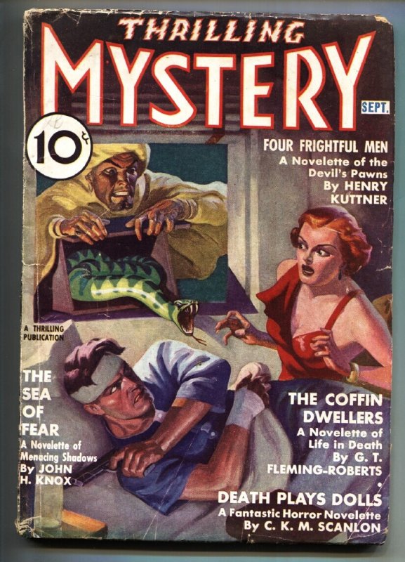 Thrilling Mystery 1937 September // Weird Snake Menace Pulp Cover // Schombur... (1937), raw, ungraded comic book — front cover