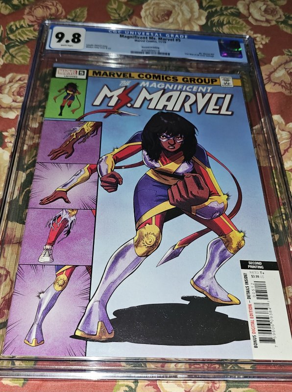 Magnificent Ms Marvel #5, CGC 9.8 graded comic book, Universal Blue label — front cover in its holder