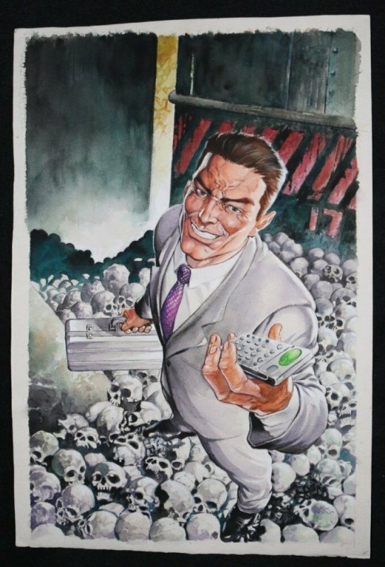 Business Man Standing on Skulls Painted Art - Signed art by Lan Medina, raw, ungraded comic book — front cover
