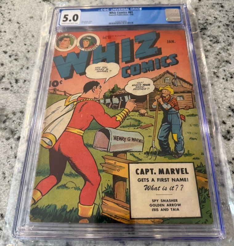 Whiz Comics #61 (Fawcett Publications), CGC 5.0 graded comic book, Universal Blue label — front cover in its holder