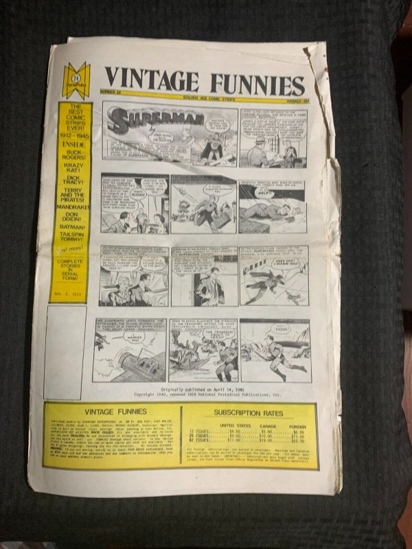 1968 Vintage Funnies Newspaper #24 (1968), raw comic book in VG 3.0 condition — front cover