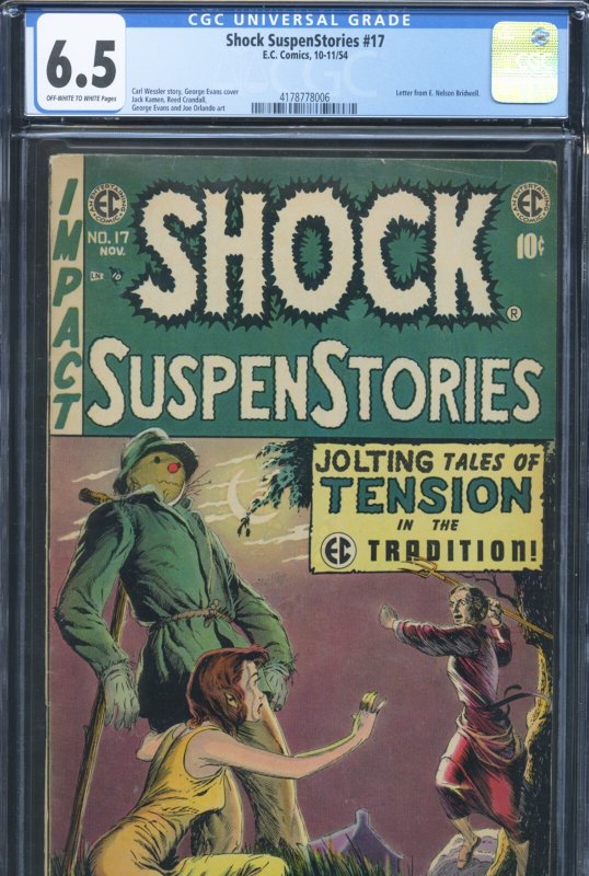 Shock Suspenstories #17 (EC Comics), CGC 6.5 graded comic book, Universal Blue label — front cover in its holder