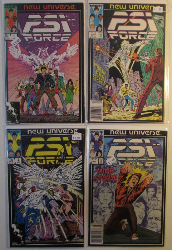 1986 PSI Force Lot of 4 #1, 2, 4, 9 Marvel New Universe Comic Books (Marvel Comics, 1986), raw, ungraded comic book — front cover