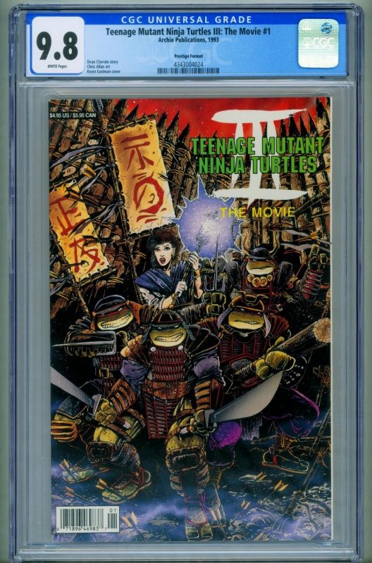 Teenage Mutant Ninja Turtles III: The Movie CGC 9.8 1993 Rare Prestige Newsstand (1993), CGC 9.8 graded comic book, Universal Blue label — front cover in its holder