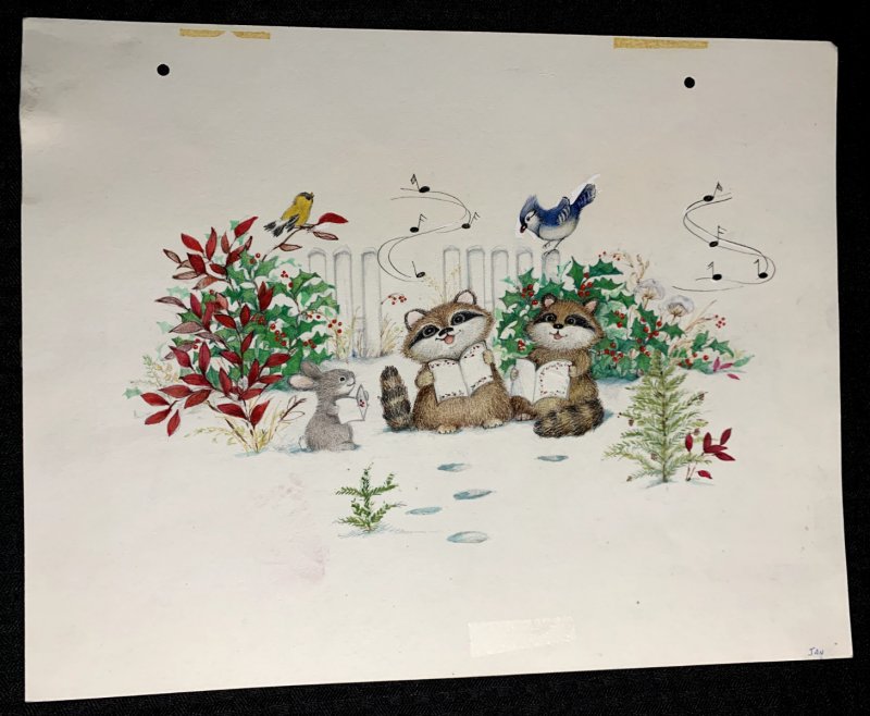 Calendar 13x11" Original Art FN 6.0 Cute Racoons Singing w/ Birds & Flowers, raw comic book in FN 6.0 condition — front cover
