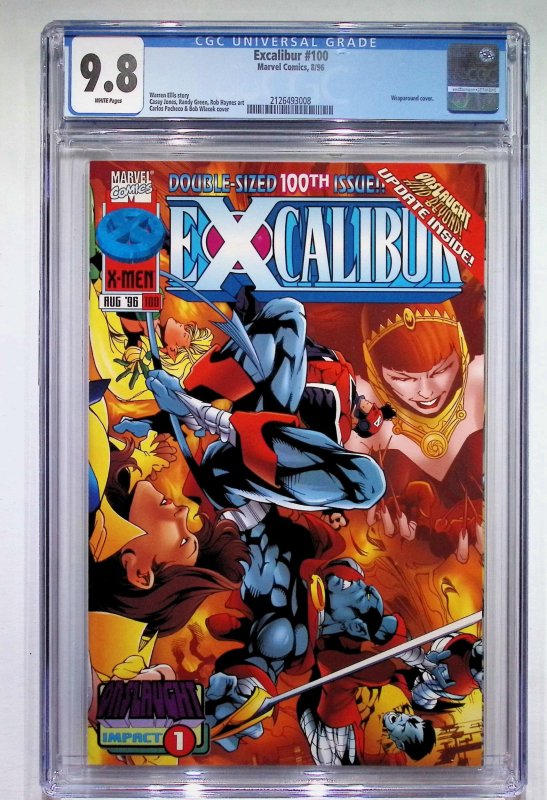 Excalibur #100 (Marvel Comics, 1996), CGC 9.8 graded comic book, Universal Blue label — front cover in its holder