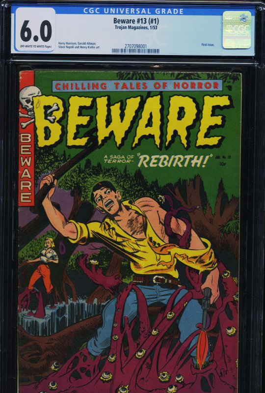 Beware #13, CGC 6.0 graded comic book, Universal Blue label — front cover in its holder