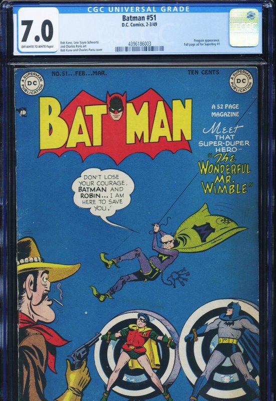 Batman #51 (DC Comics), CGC 7.0 graded comic book, Universal Blue label — front cover in its holder