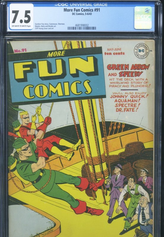 More Fun Comics #91 (DC Comics), CGC 7.5 graded comic book, Universal Blue label — front cover in its holder