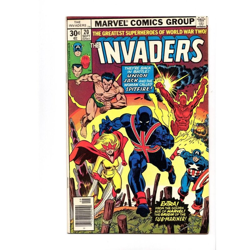 Invaders #20 (Marvel Comics, 1977), raw comic book in FN+ 6.5 condition — front cover