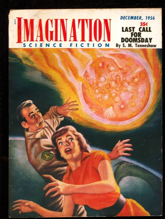 Imagination 10/1956-Greenleaf-Lloyd Ragnon Flaming Planet Cover-"Lair of the Dra, raw, ungraded comic book — front cover