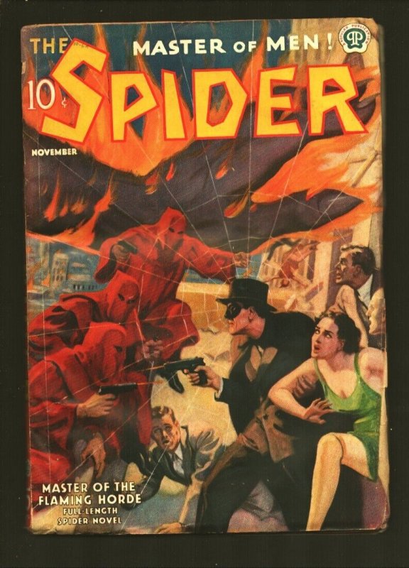 Spider 11/1937-Popular-"Master of the Flaming Horde"-Spider Gunfight with Hoo... (Popular Publications, 1937), raw, ungraded comic book — front cover