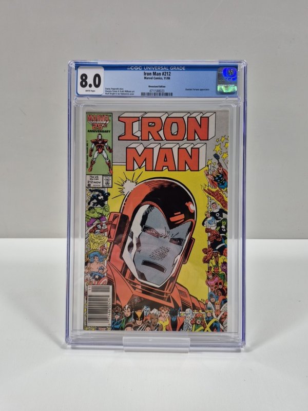Iron Man #212 (Marvel Comics, 1986), CGC 8.0 graded comic book, Universal Blue label — front cover in its holder