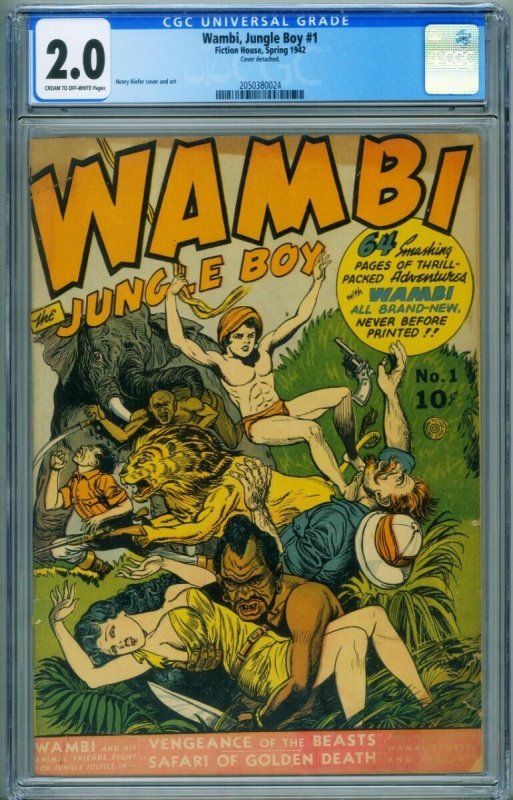 Wambi Jungle Boy #1 (Fiction House), CGC 2.0 graded comic book, Universal Blue label — front cover in its holder