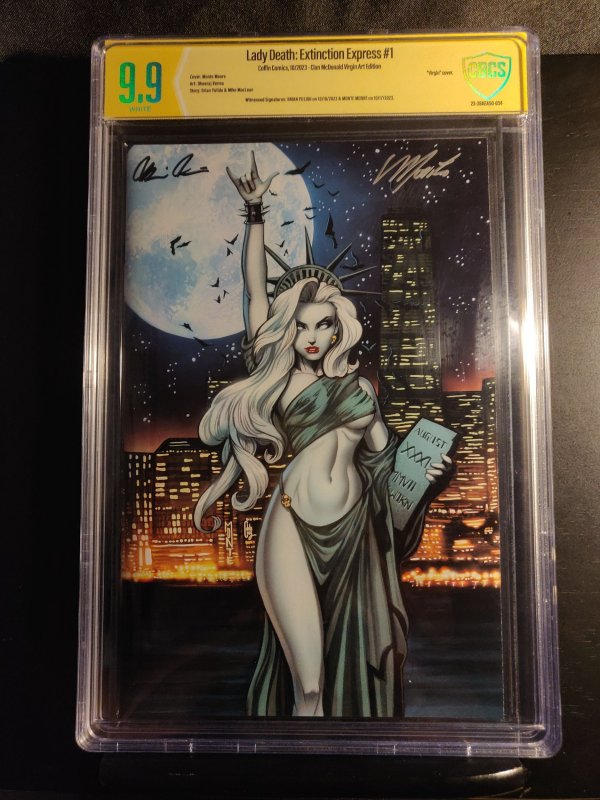 Lady Death: Extinction Express #1 (2023), CBCS 9.9 graded comic book, Universal Blue label — front cover in its holder