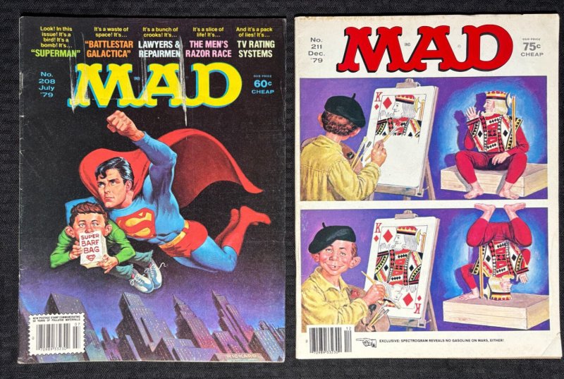 1979 MAD Magazine #208 & 211 Vg/vg+ Alfred E Newman / Superman LOT of 2 (1979), raw comic book in VG condition — front cover