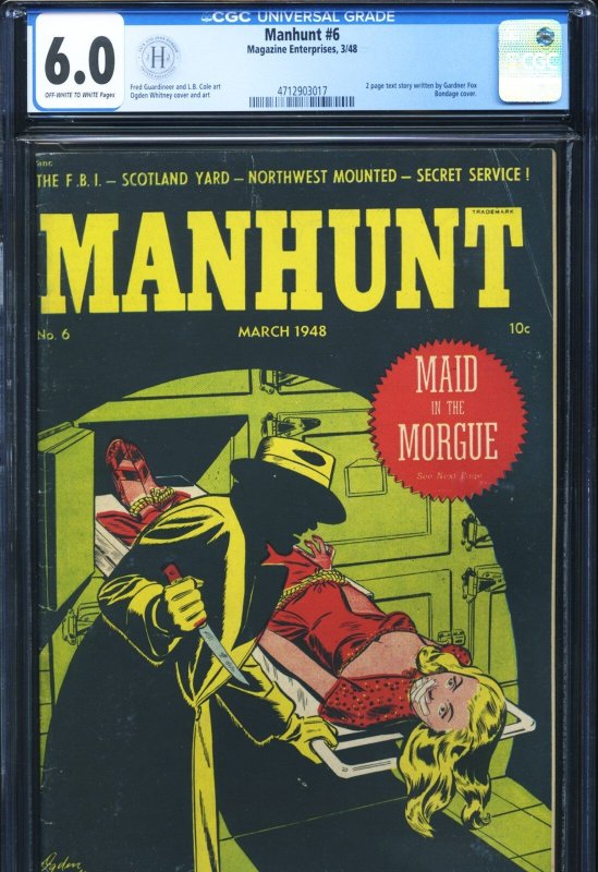 Manhunt #6, CGC 6.0 graded comic book, Universal Blue label — front cover in its holder