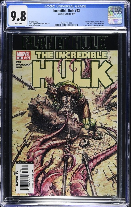 Incredible Hulk #92 (Marvel Comics, 2006), CGC 9.8 graded comic book, Universal Blue label — front cover in its holder
