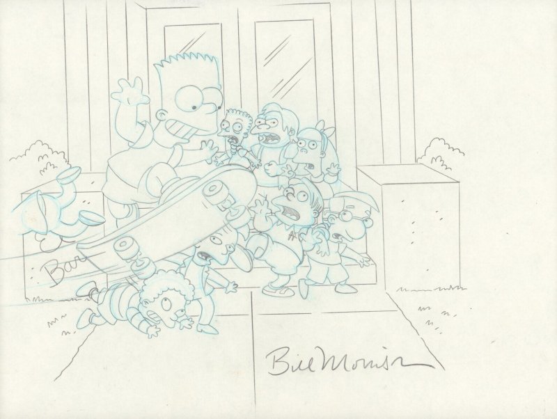 The Simpsons Bart Skateboarding Outside School Class VHS art by Bill Morrison, raw, ungraded comic book — front cover