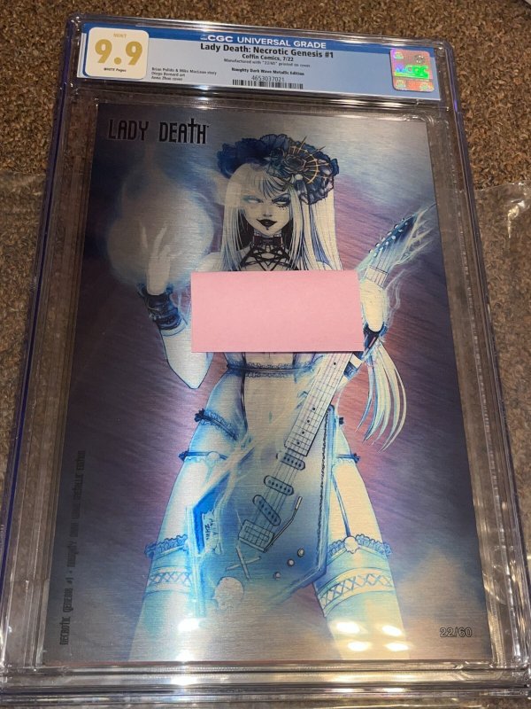 Lady Death Necrotic Genesis #1 (Coffin Comics), CGC 9.9 graded comic book, Universal Blue label — front cover in its holder