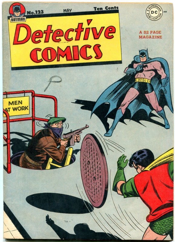 Detective #123 (DC Comics, 1947), raw comic book in VF- condition — front cover