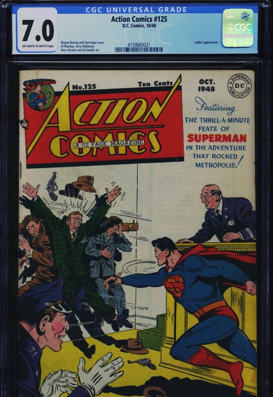 Action Comics #125 (DC Comics), CGC 7.0 graded comic book, Universal Blue label — front cover in its holder