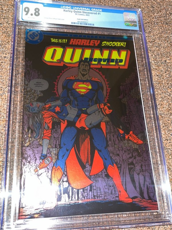 Harley Quinn Uncovered #1, CGC 9.8 graded comic book, Universal Blue label — front cover in its holder