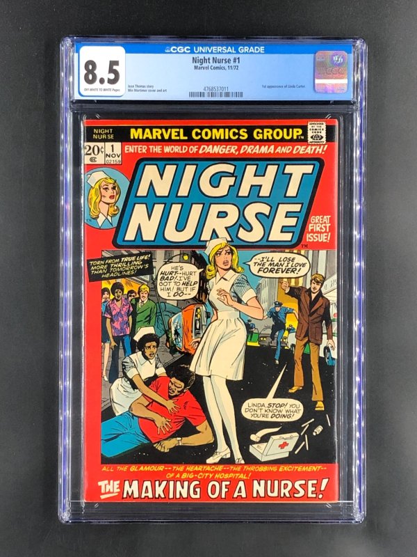 Night Nurse #1 (1972), CGC 8.5 graded comic book, Universal Blue label — front cover in its holder