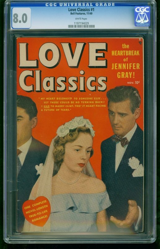 Love Classics #1-1949-Cgc 8.0-White Pages!!-Marvel-Southern States 1197194029 (Marvel Comics, 1949), CGC 8.0 graded comic book, Universal Blue label — front cover in its holder