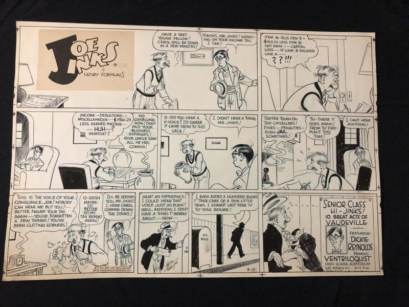 Joe Jinks Original Sunday Comic Strip Art- 3/15/53 - Formhals art, raw, ungraded comic book — front cover