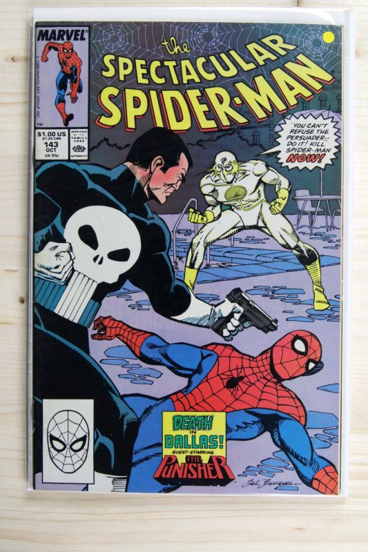 The Spectacular Spider-Man #143 (Marvel Comics, 1988), raw comic book in VF+ 8.5 condition — front cover