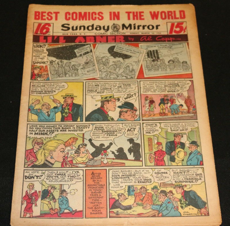 1952 Sunday Mirror Weekly Comic Section March 16th (FN+) Superman at Opera (1952), raw comic book in FN+ condition — front cover