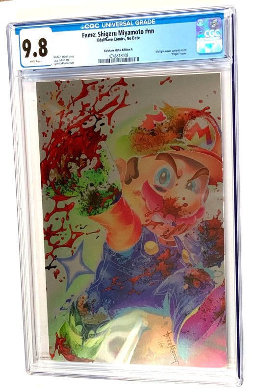 Fame: Shigeru Miyamoto Super Mario Luigi Tyler Kirkham “metal’’ Variant CGC 9.8, CGC 9.8 graded comic book, Universal Blue label — front cover in its holder