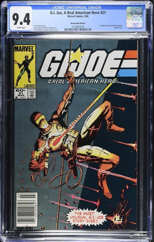 G.I. Joe, a Real American Hero #21 (Marvel Comics, 1984), CGC 9.4 graded comic book, Universal Blue label — front cover in its holder